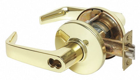 STANLEY SECURITY SOLUTIONS 9K37AB15DS3605 Lever,  Mechanical,  Extra Heavy Duty,  Not Keyed,  Bright Brass,  2 3/4 in Backset,  Cylindrical