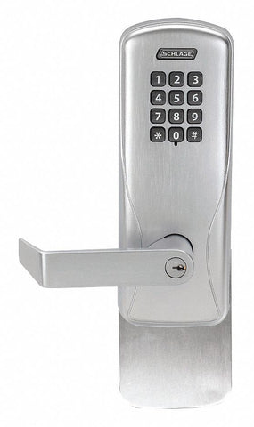 SCHLAGE ELECTRONICS AD200993R70 KP RHO 626 PD Electronic Keyless Exit Trim Lock, 2-3/4 in Backset, Cylindrical, Satin Chrome, 3/4 in Latch Length