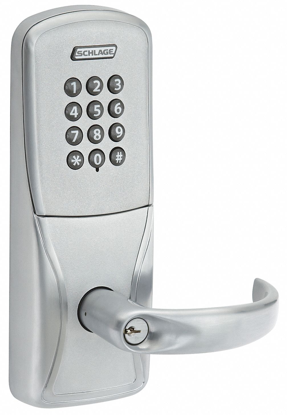 SCHLAGE ELECTRONICS AD200CY50 KP RHO 626 PD Electronic Keyless Lock, 2-3/4 in Backset, Cylindrical, Satin Chrome, 3/4 in Latch Length