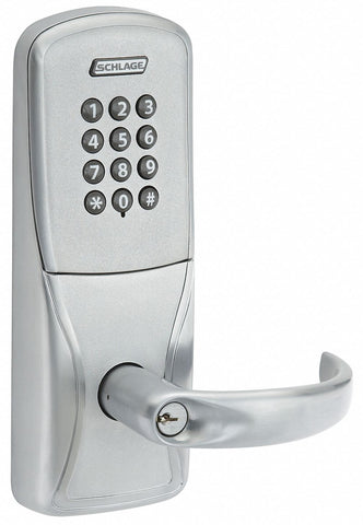 SCHLAGE ELECTRONICS AD200CY70 KP RHO 626 PD Electronic Keyless Lock, 2-3/4 in Backset, Cylindrical, Satin Chrome, 3/4 in Latch Length